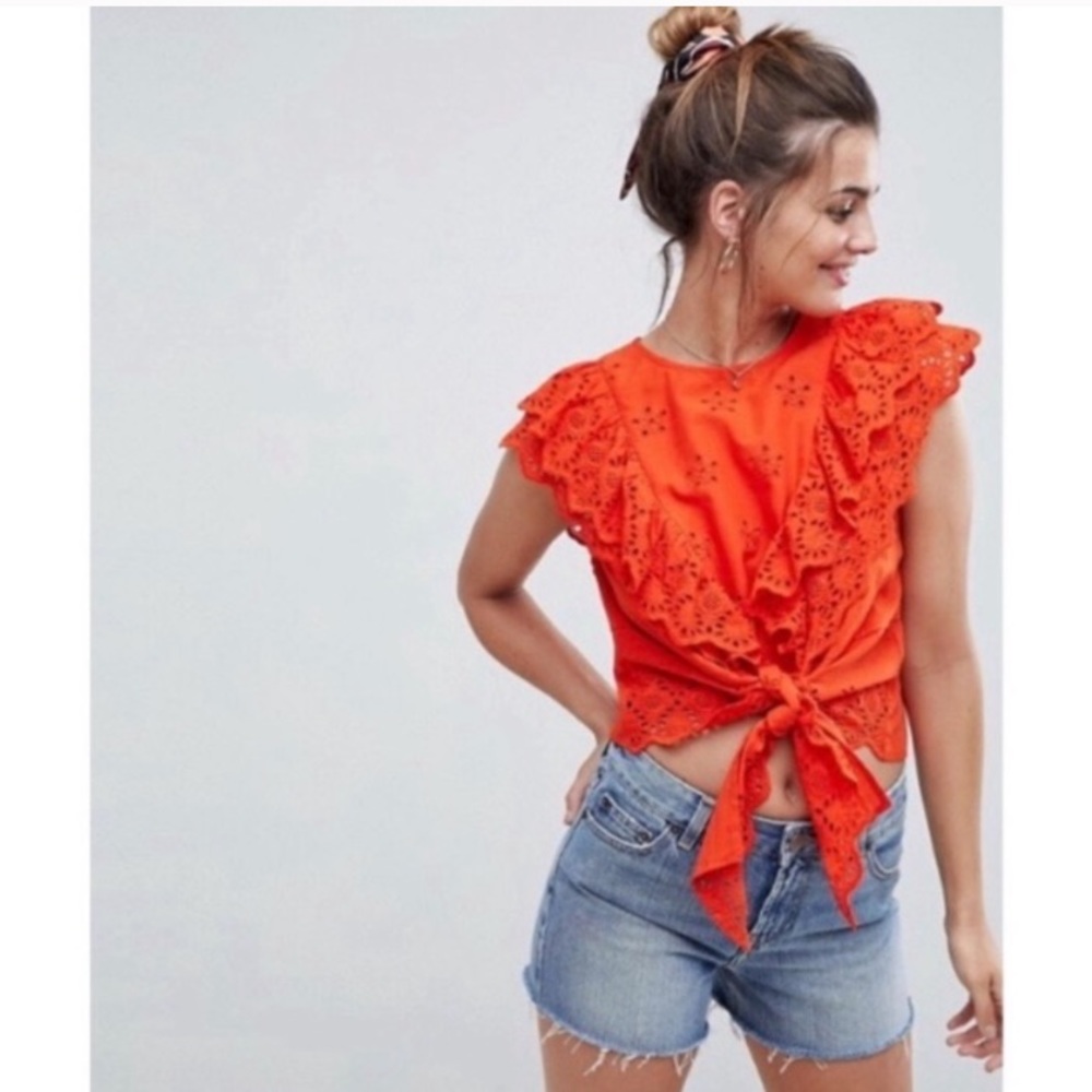 Asos Broderick tee with frill sleeve & tie waist